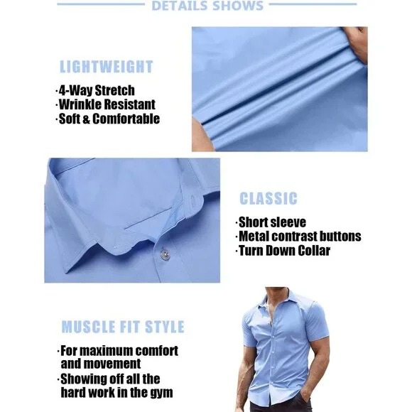 Stylish Light Blue Slim Fit Short Sleeve Shirt For Men Casual Summer Comfort